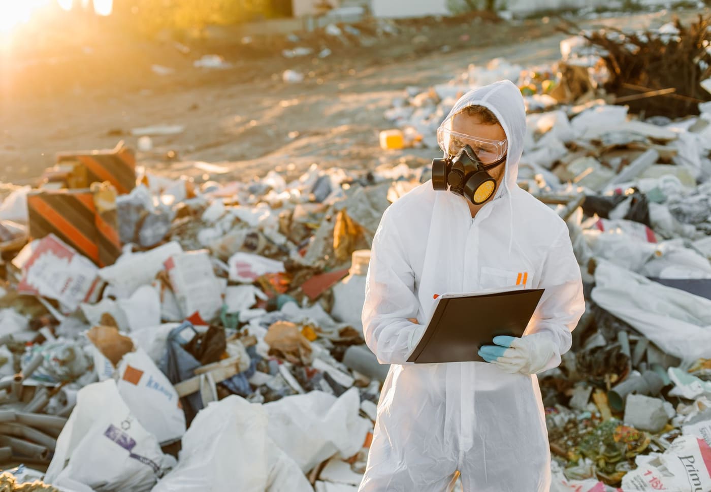 A man in a white protective suit, goggles and respirator holds a clipboard while inspecting a large waste dump