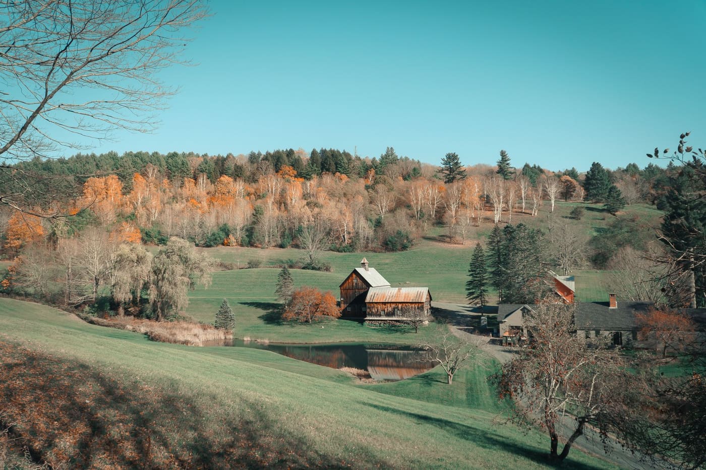 A weathered wooden barn and farmhouse beside a pond in a green Vermont valley, with birch and maple trees turning orange on the hillside