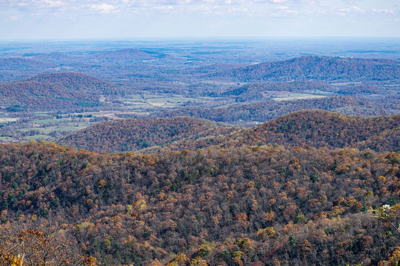 Autumn-colored ridges of Virginia's Blue Ridge Mountains rolling down to farm fields in the valley below